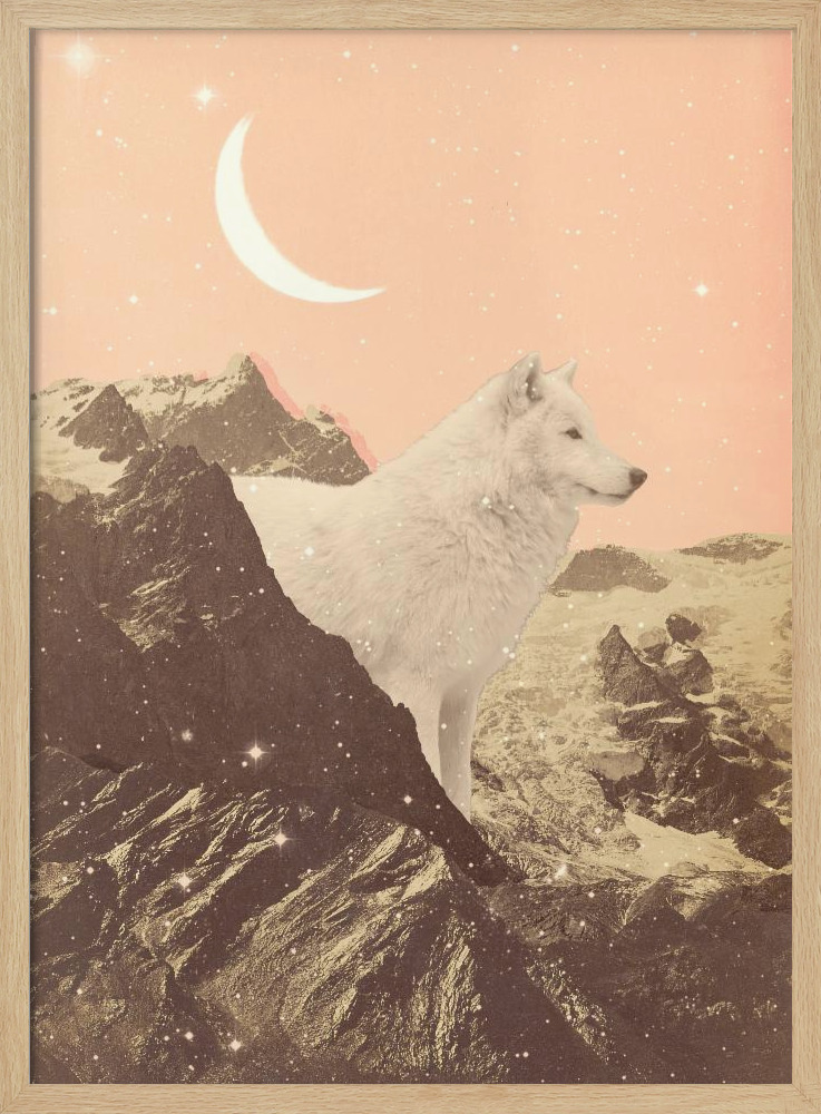 Poster - Giant White Wolf In Mountains natural wood poster frame
