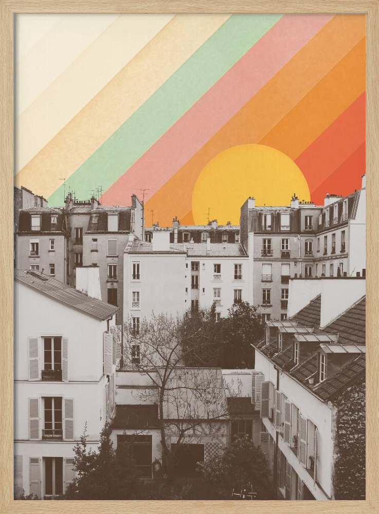 Poster - Rainbow Sky Above Paris natural wood poster frame