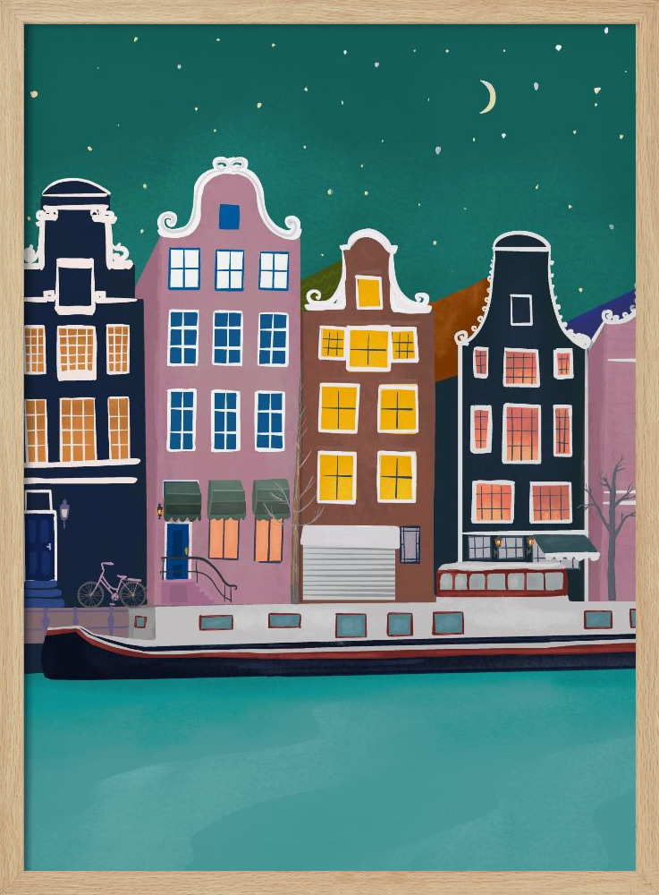 Plakat - Amsterdam by night natural wood poster frame