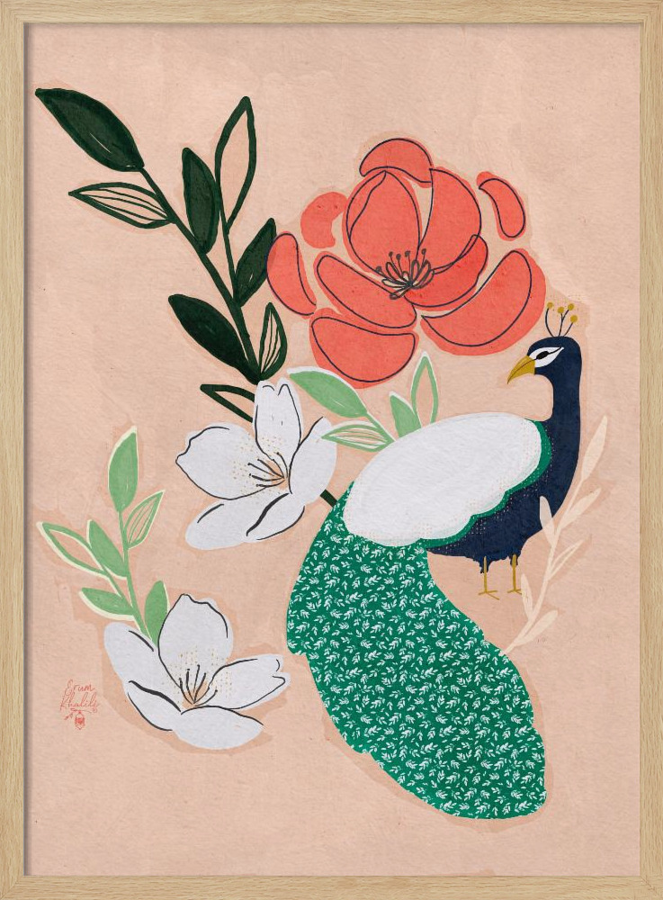 Plakat - Peacock and Florals Erum Khalili natural wood poster frame