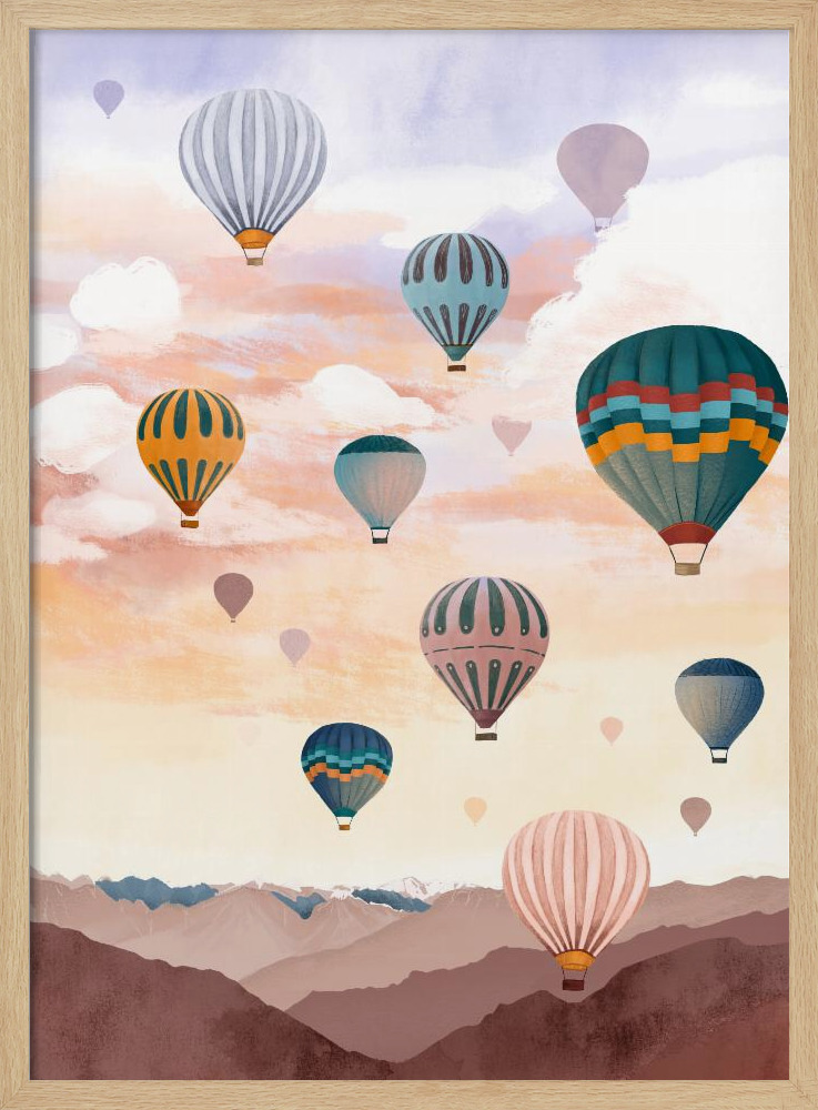 Plakat - Airballoon Sky natural wood poster frame