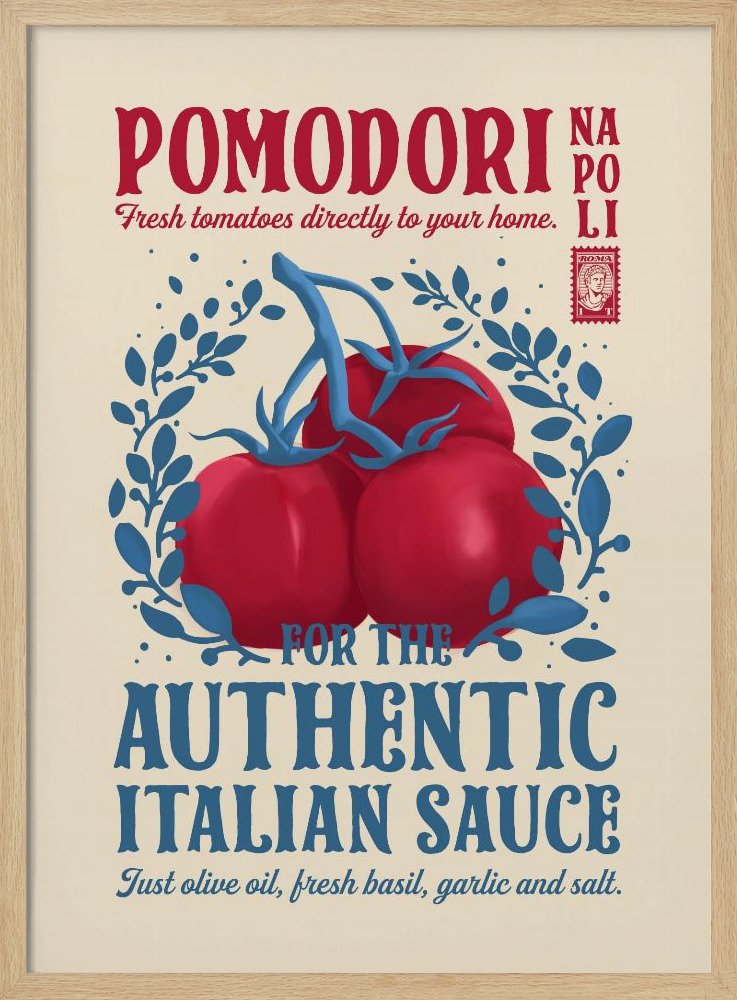Poster - Pomodori Kitchen print posterframe van natuurlijk hout
