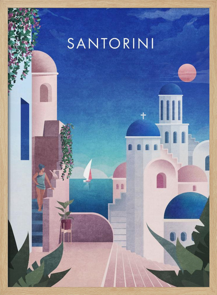 Poster Santorini IV - Affisch posterram i naturligt trä