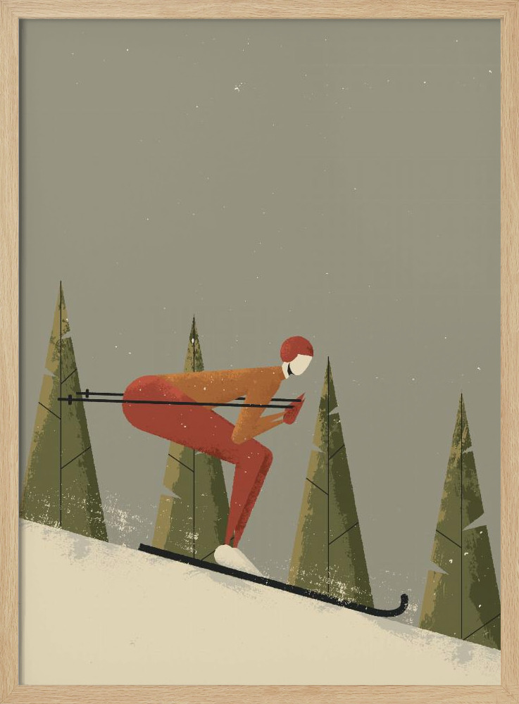 Plakat - Skiing natural wood poster frame