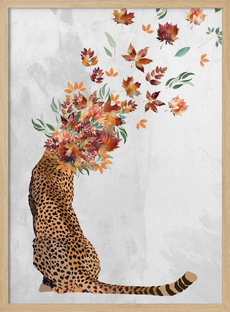Poster - Cheetah Autumn Leaves Head natural wood poster frame