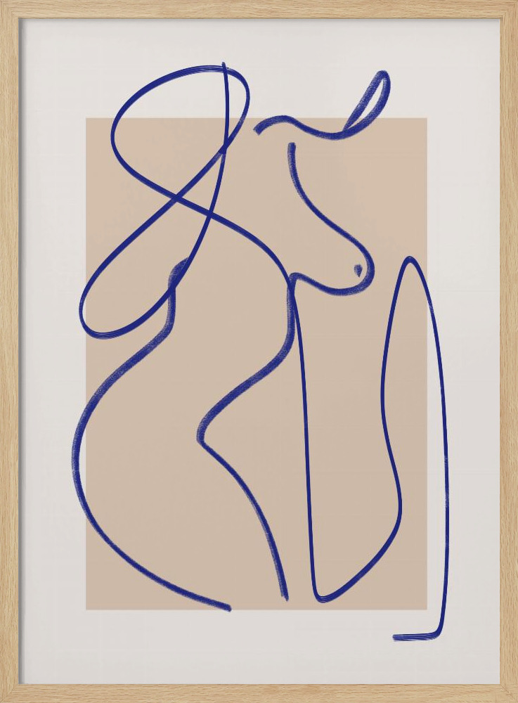Poster - Abstract Blue Line Art 2 natural wood poster frame