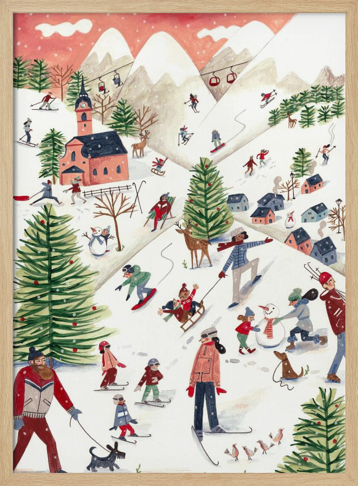Poster - Mountain landscape with houses in the snow natural wood poster frame