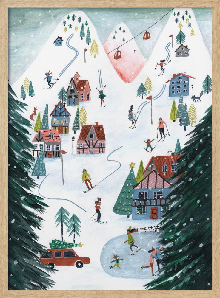 Poster - Nordic Skiing in the mountains at Christmas natural wood poster frame
