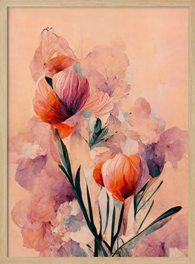 Affiche - Abstract Coral Flowers (Peach) cadre de poster en bois naturel