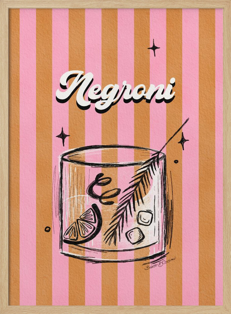 Juliste - Negroni Drink on Stripes luonnollinen puu julisteen kehys