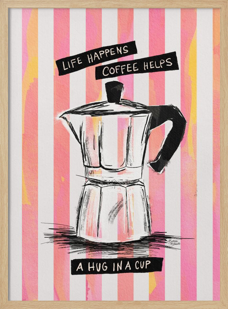 Poster - Mocca Coffee on Stripes - Hug in a Cup natural wood poster frame