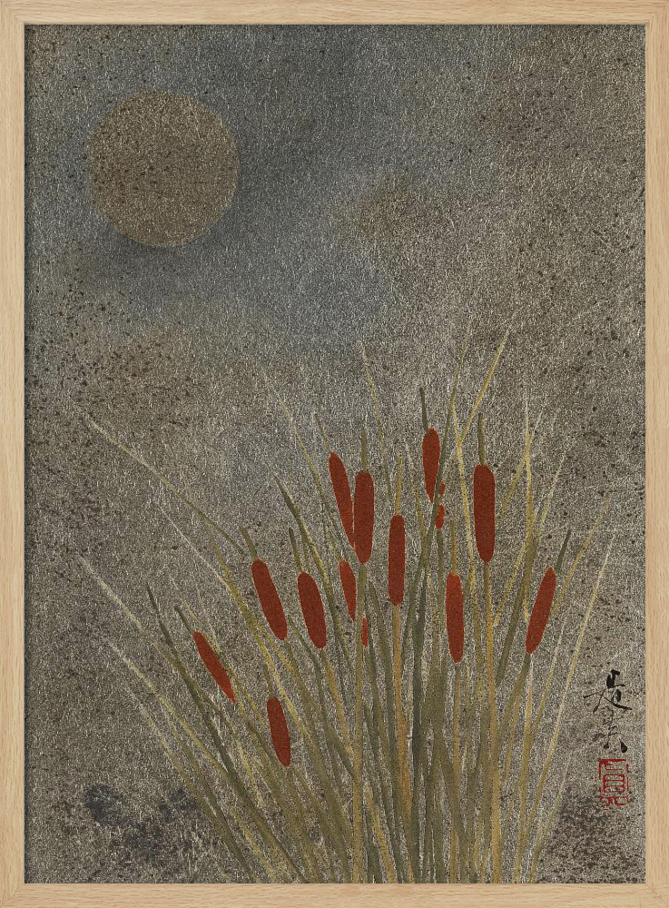 Poster - Japanese Grass Field At Night (1807–1891) Full natural wood poster frame