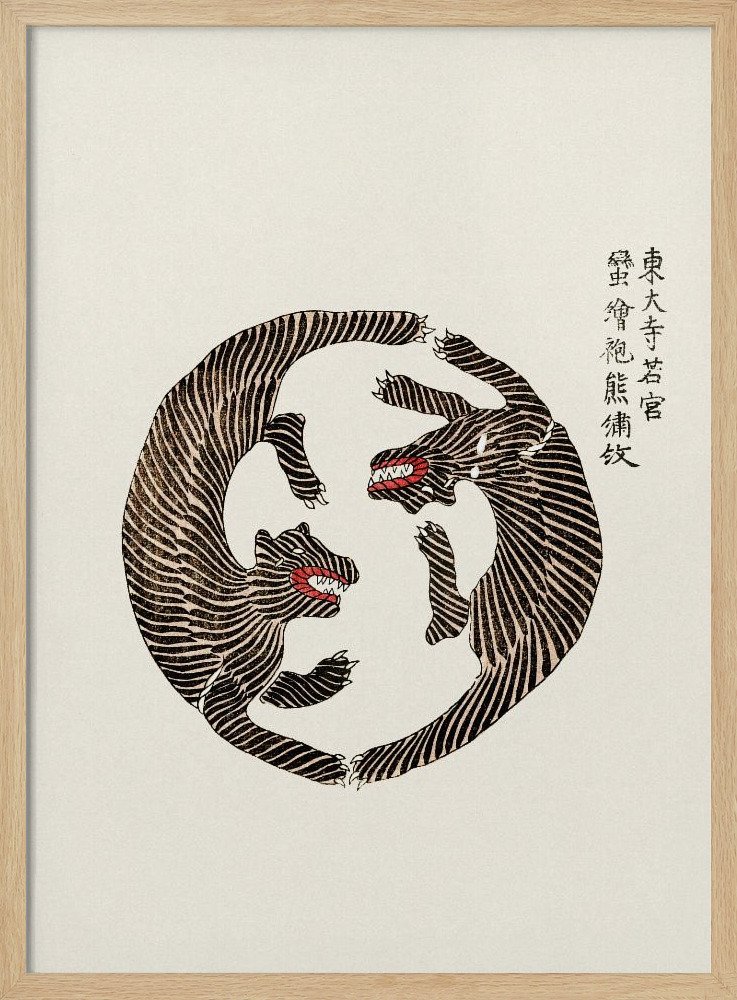 Poster - Woodblock Tigers From Yatsuo No Tsubaki natural wood poster frame