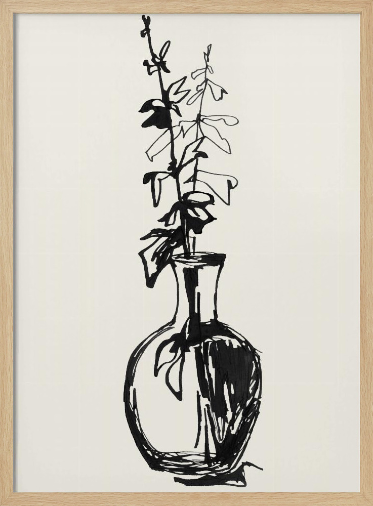 Poster - Leaves in a vase ink sketch natural wood poster frame