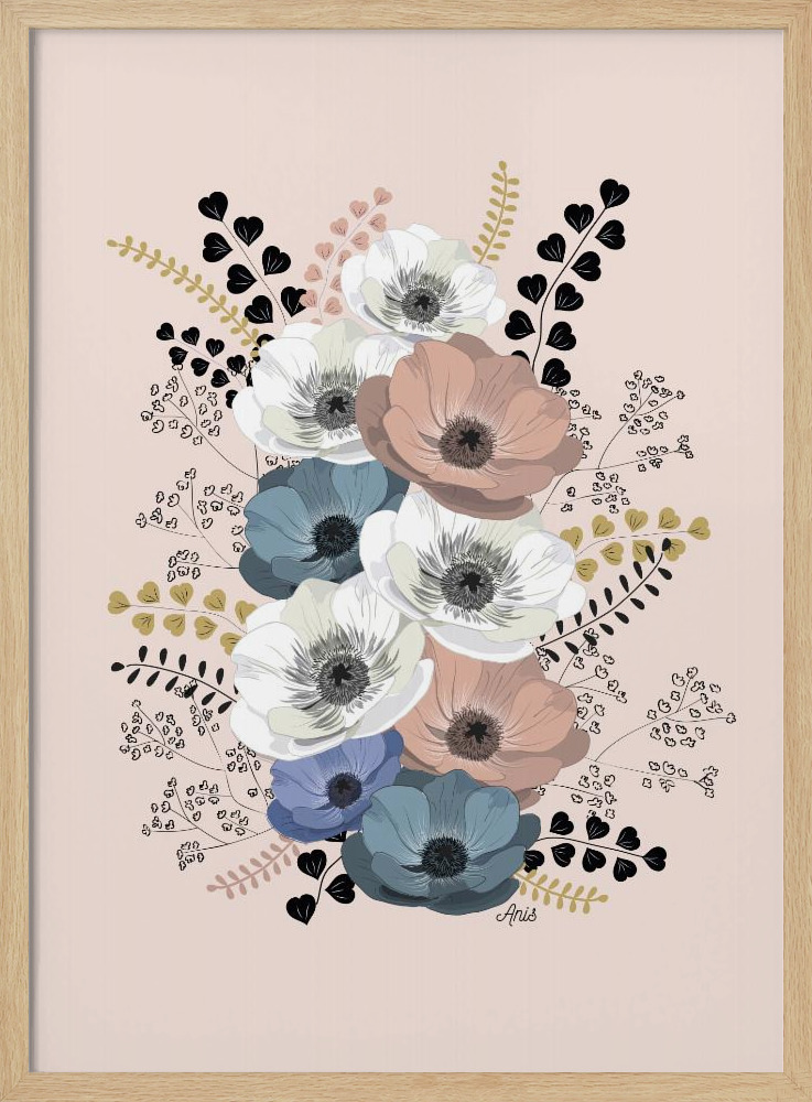 Poster - Anemones Floral Bouquet natural wood poster frame