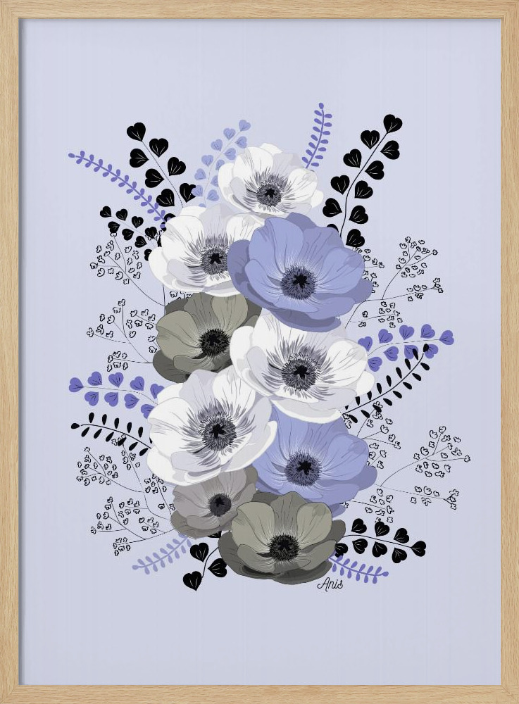 Poster - Anemones Floral Bouquet Blue natural wood poster frame