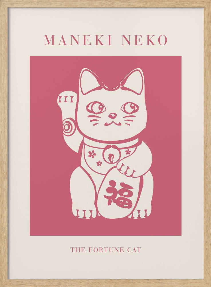 Poster - Maneki-neko Cat Pink natural wood poster frame