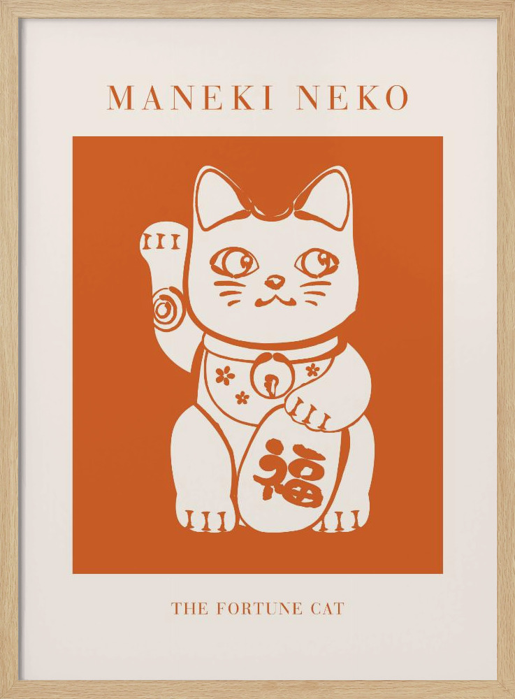 Poster - Maneki-neko Cat Orange natural wood poster frame