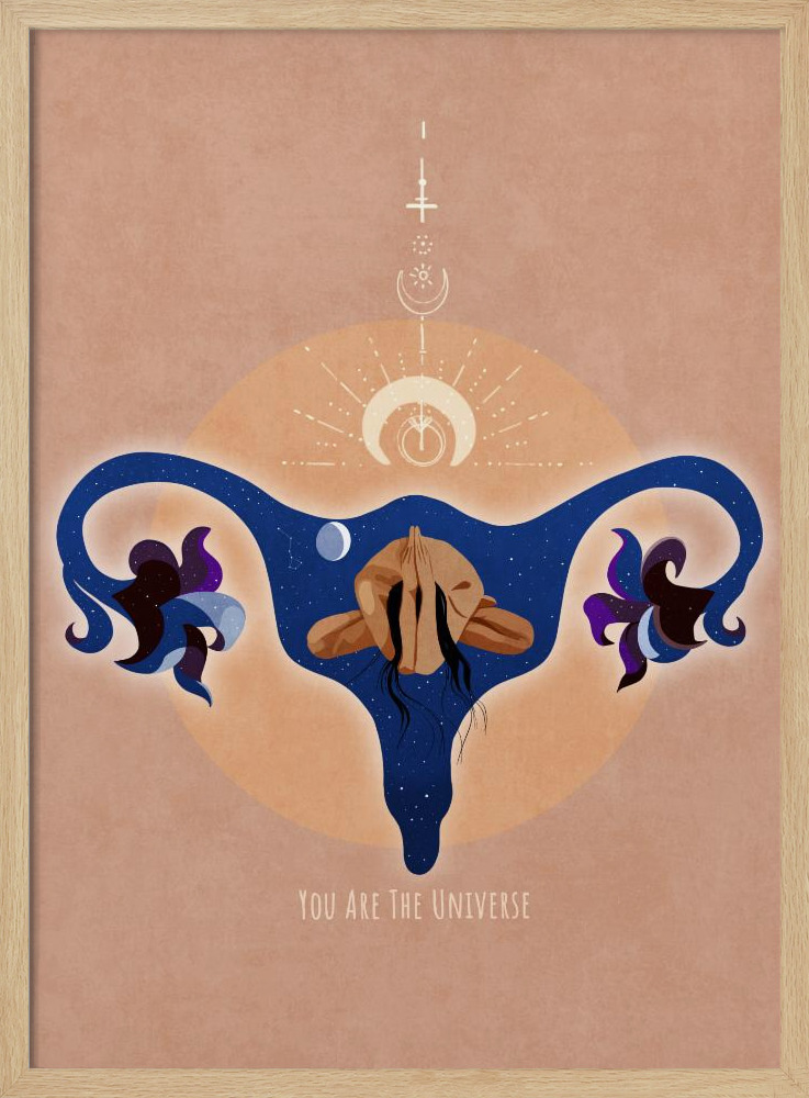 Poster - Spiritual, Feminine, Energy, Stars, Moon, Vulva, Meditation, Yoga, and Inspiration Poster Spir 1b posterframe van natuurlijk hout