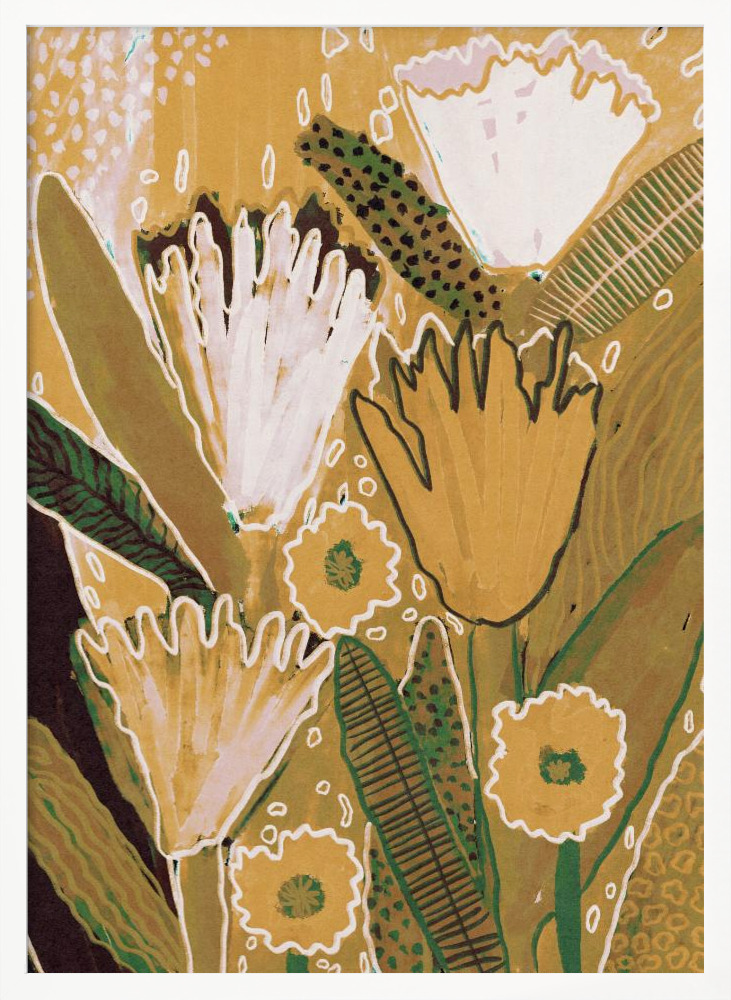 Poster Magic Wildflowers / Yellow & Green - Affisch vit affischram i trä