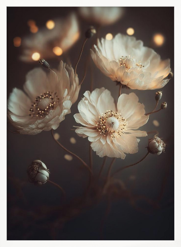 Poster - Creme Beige Flowers white wood poster frame