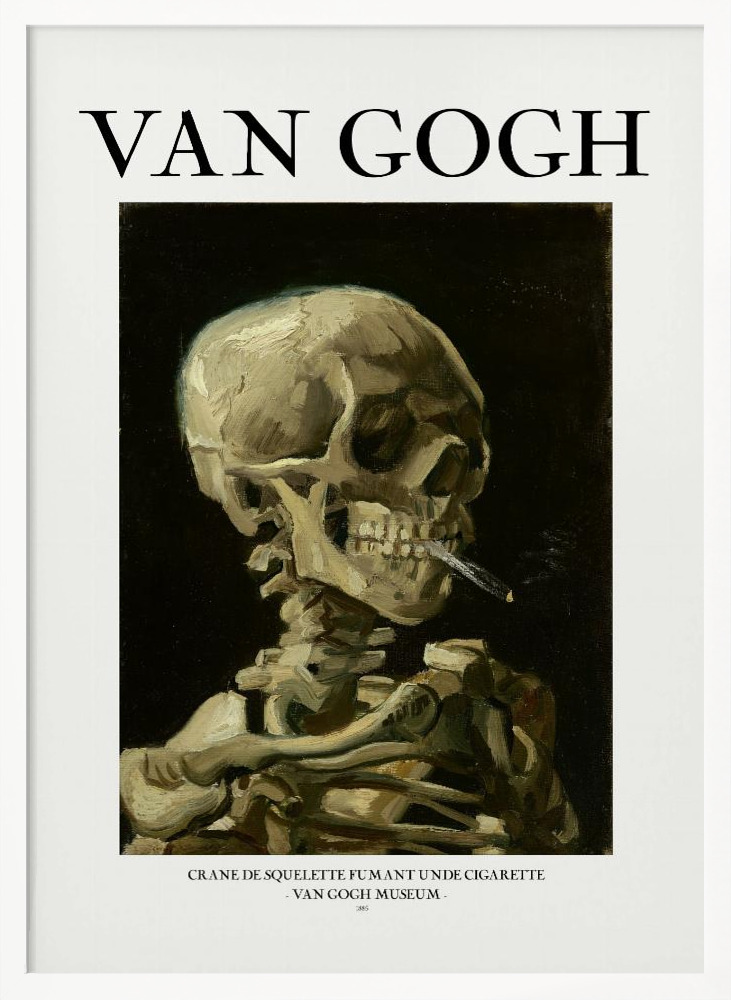 Poster - Head of a skeleton with a burning cigarette white wood poster frame