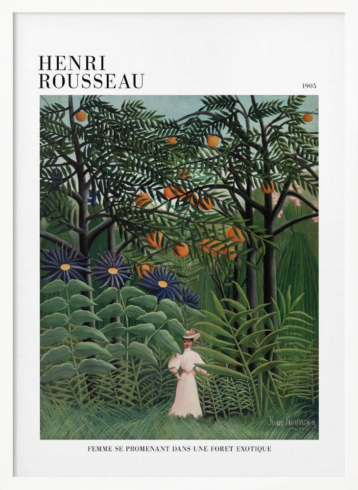 Póster - Femme Se Promenant Dans Une Foret Exotique white wood poster frame