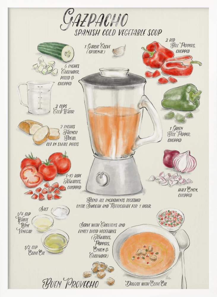 Plakat - Gazpacho illustrated recipe in English ramka na plakat z białego drewna