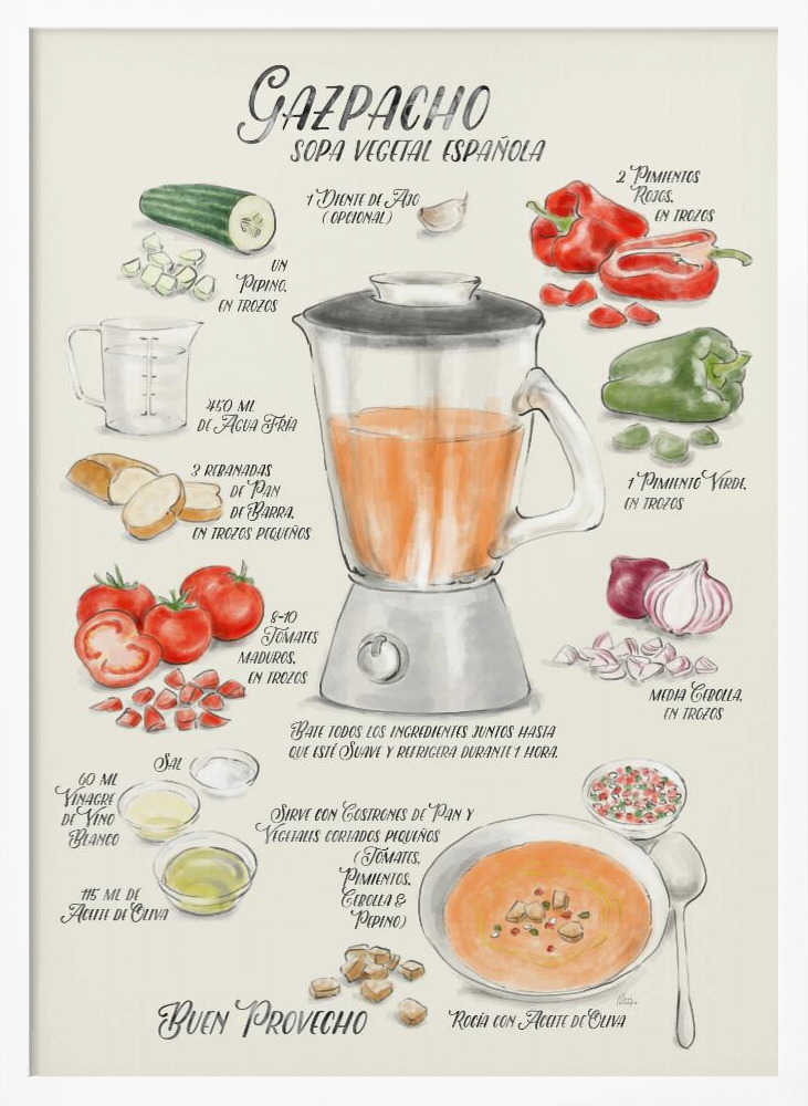 Plakat - Gazpacho illustrated recipe in Spanish ramka na plakat z białego drewna