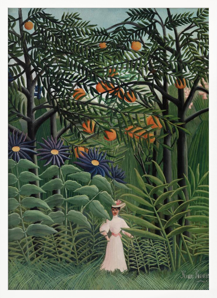 Póster - Femme Se Promenant Dans Une Foret Exotique white wood poster frame