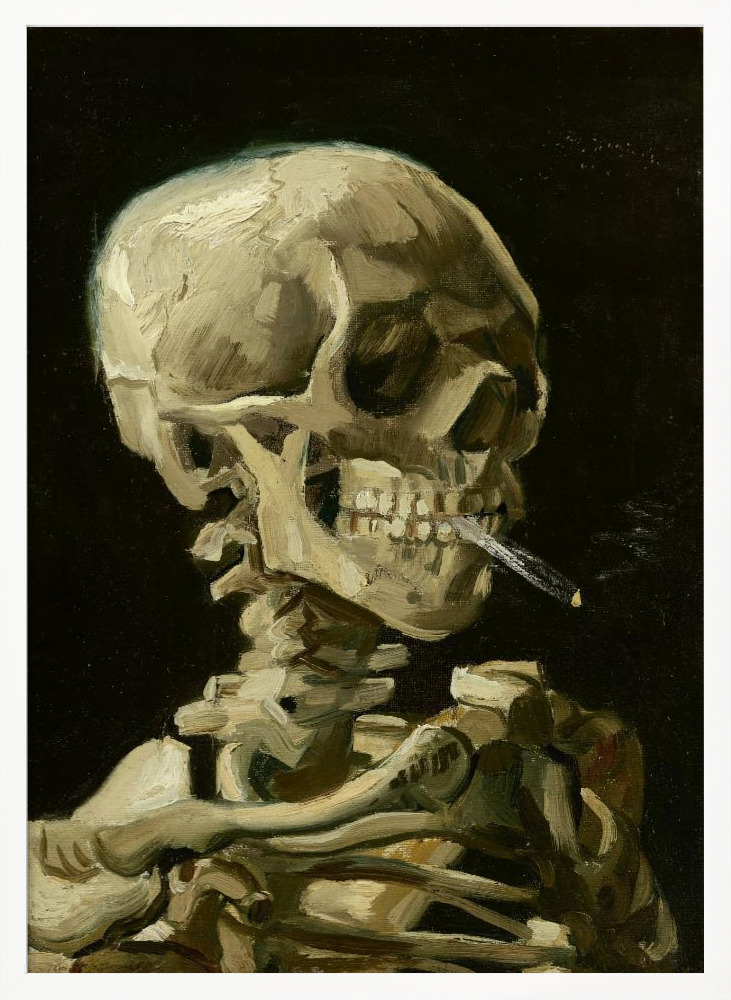 Poster - Head of a skeleton with a burning cigarette white wood poster frame