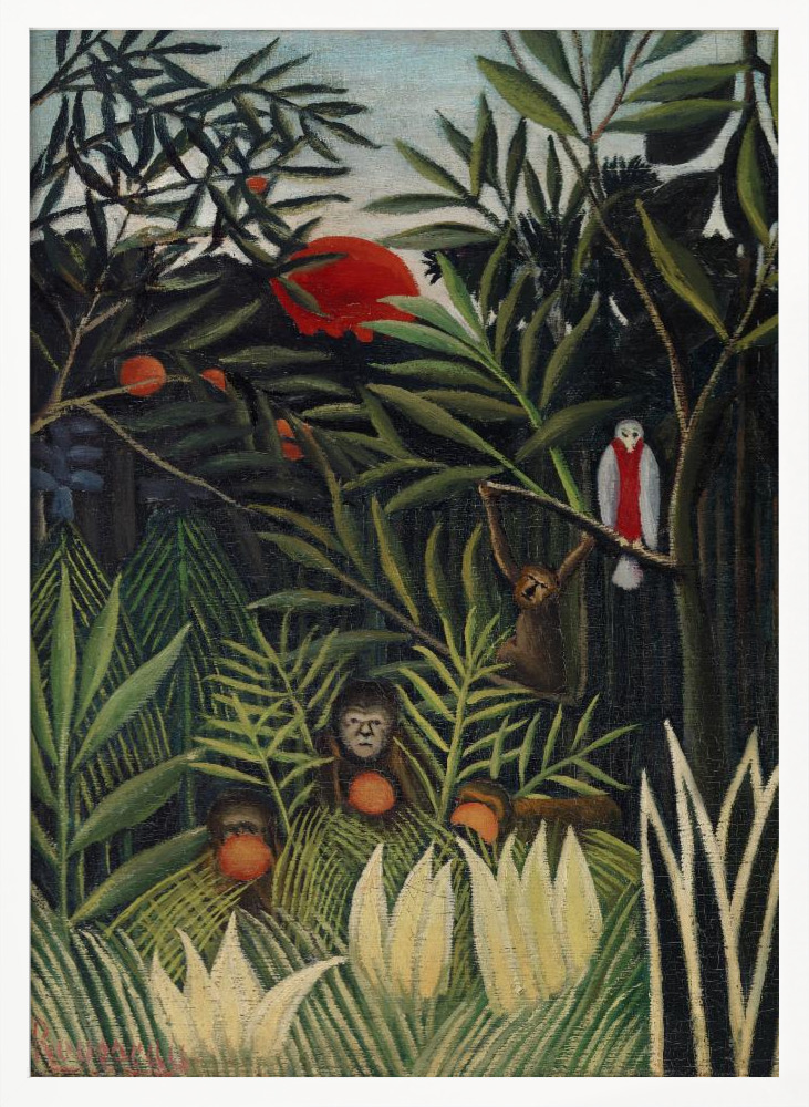 Póster - Monkeys And Parrot In The Virgin Forest white wood poster frame