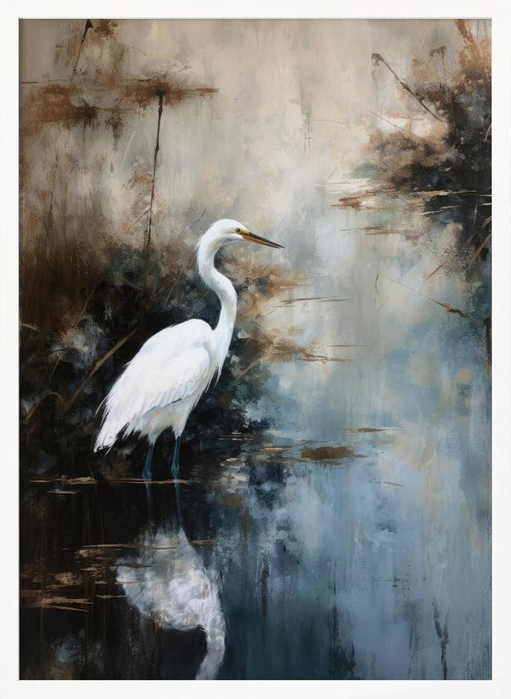 Poster - Egret in Lake white wood poster frame