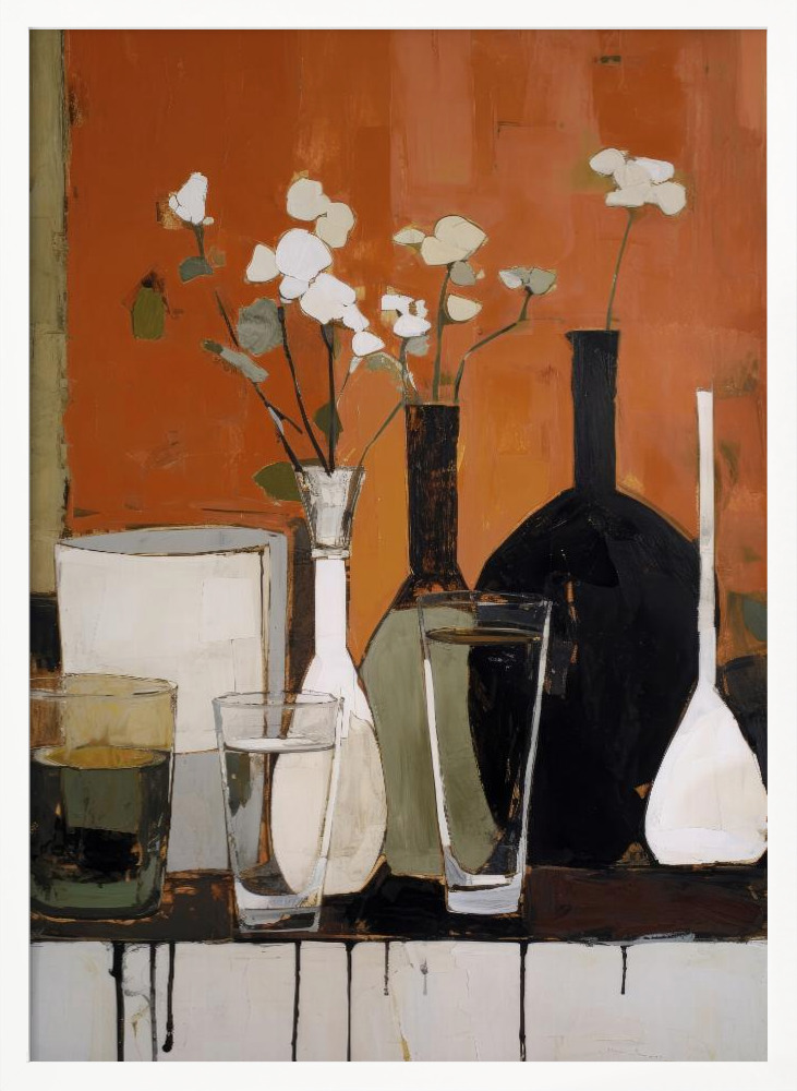 Affiche - Stilllife With Glasses And Bottles cadre de poster en bois blanc