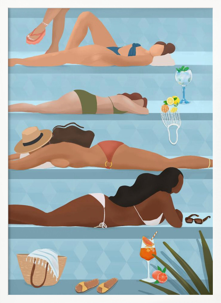 Poster - Ladies by the pool white wood poster frame