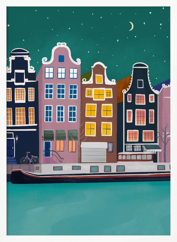 Plakat - Amsterdam by night white wood poster frame