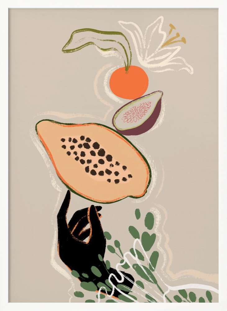 Poster - Balancing Fruits white wood poster frame