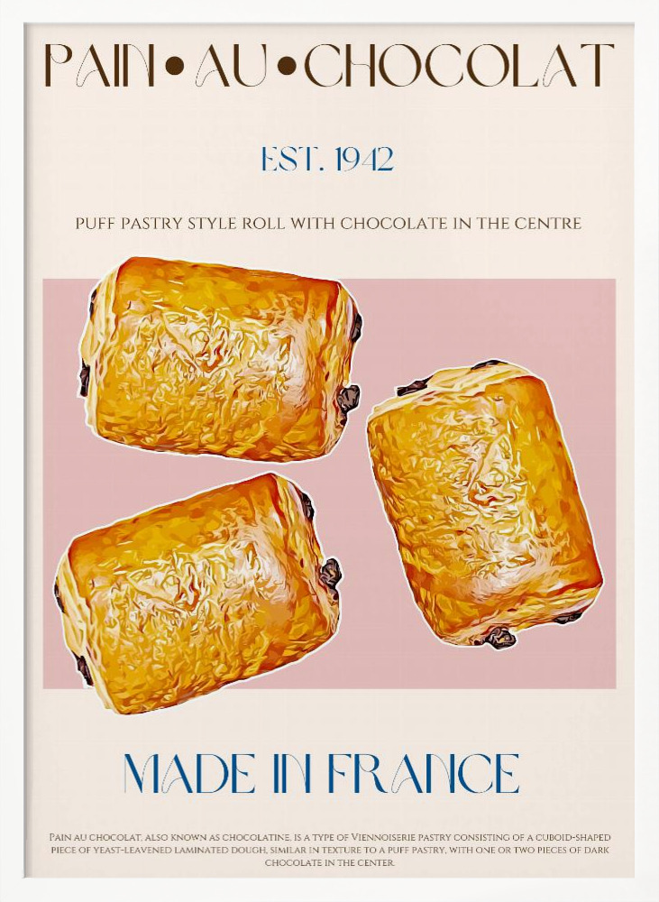 Affiche - Pain Au Chocolat Print cadre de poster en bois blanc