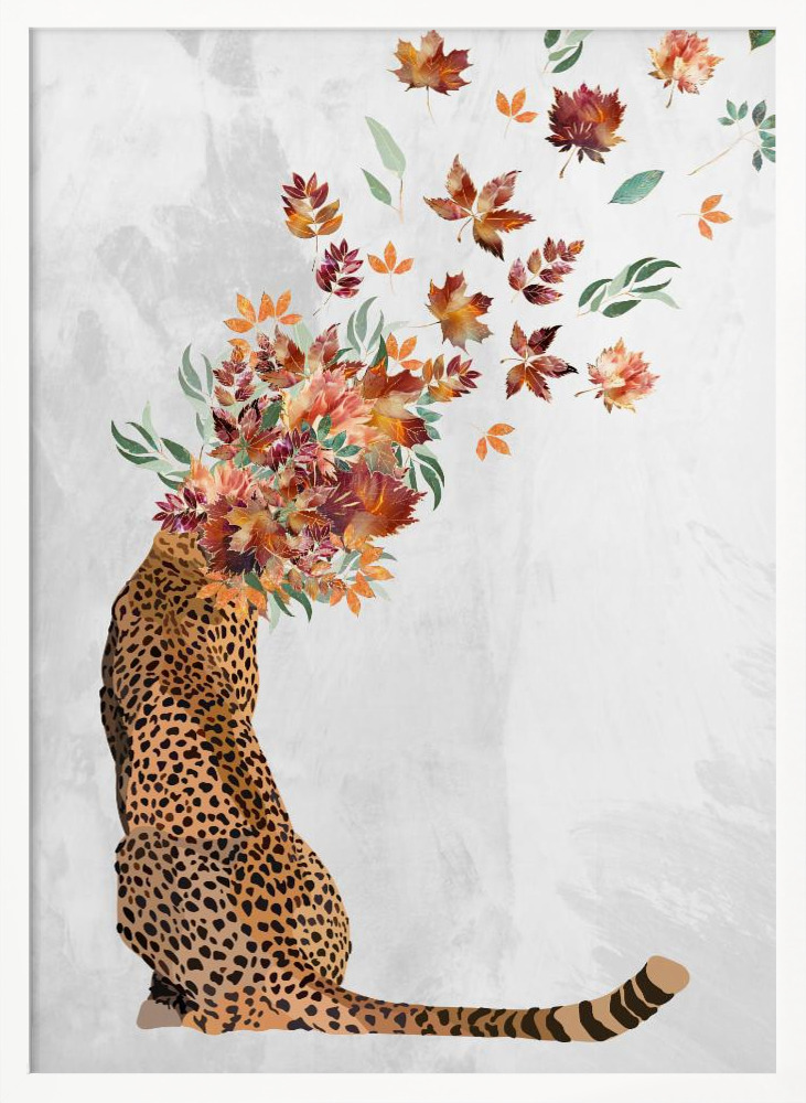 Poster - Cheetah Autumn Leaves Head white wood poster frame