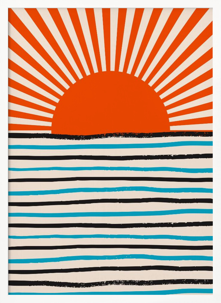 Poster - Red Sun and Sea white wood poster frame