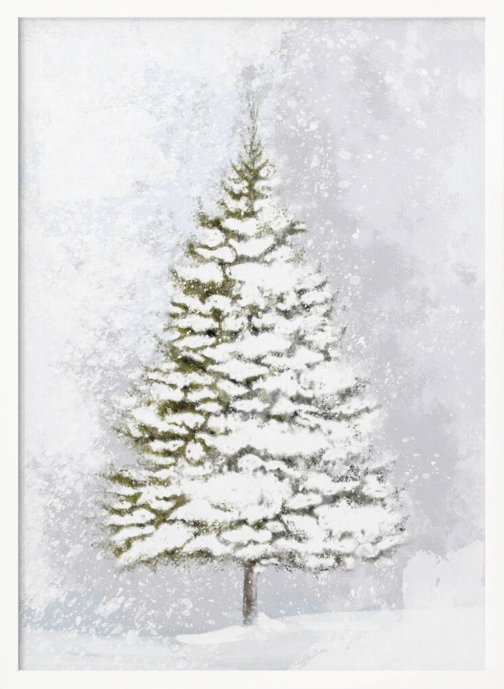 Póster - Lone fir in the snow white wood poster frame