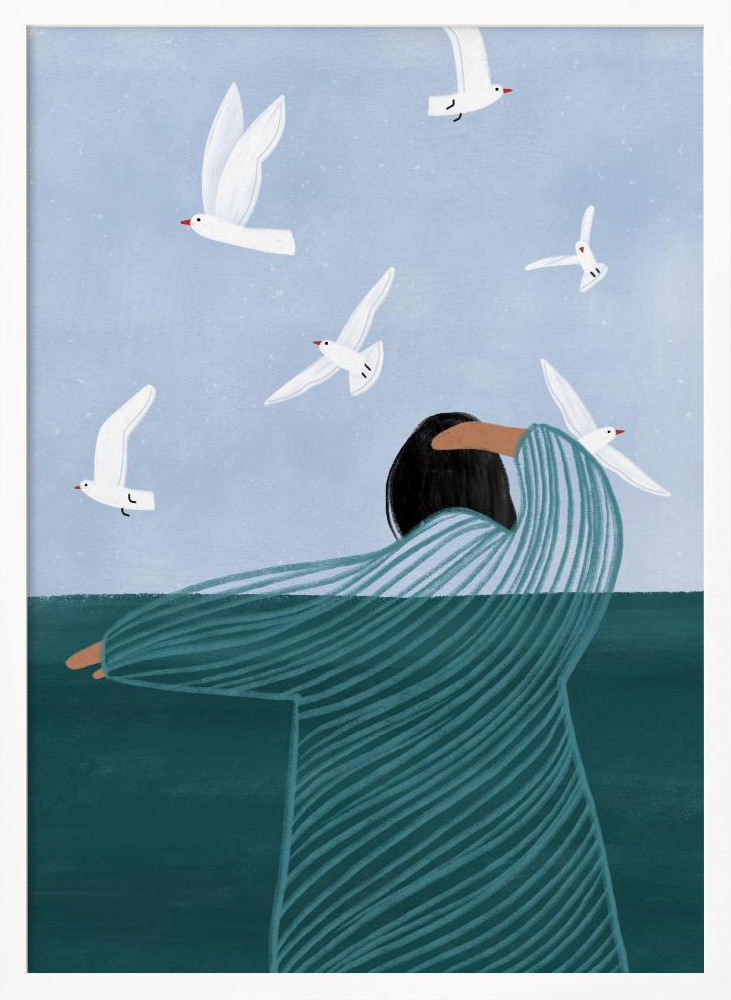 Poster Seaside - Affisch vit affischram i trä