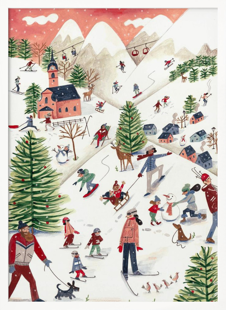 Poster - Mountain landscape with houses in the snow white wood poster frame