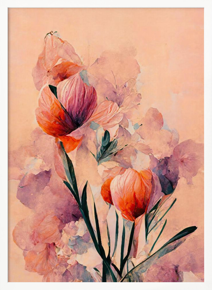 Affiche - Abstract Coral Flowers (Peach) cadre de poster en bois blanc