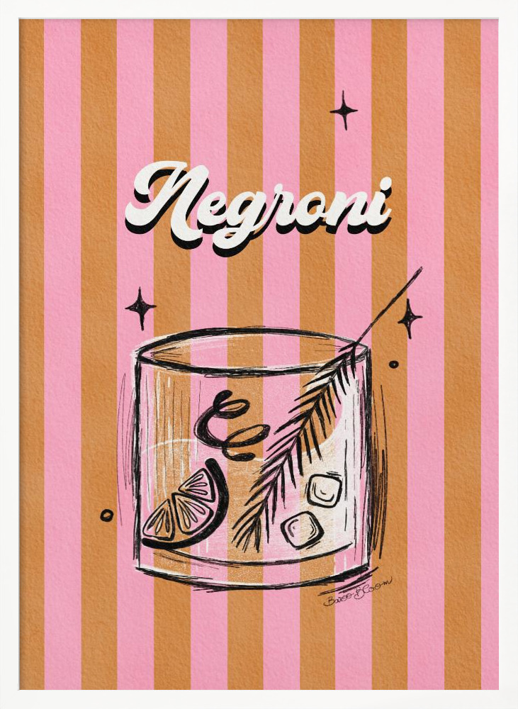 Juliste - Negroni Drink on Stripes valkoinen puu julisteen kehys