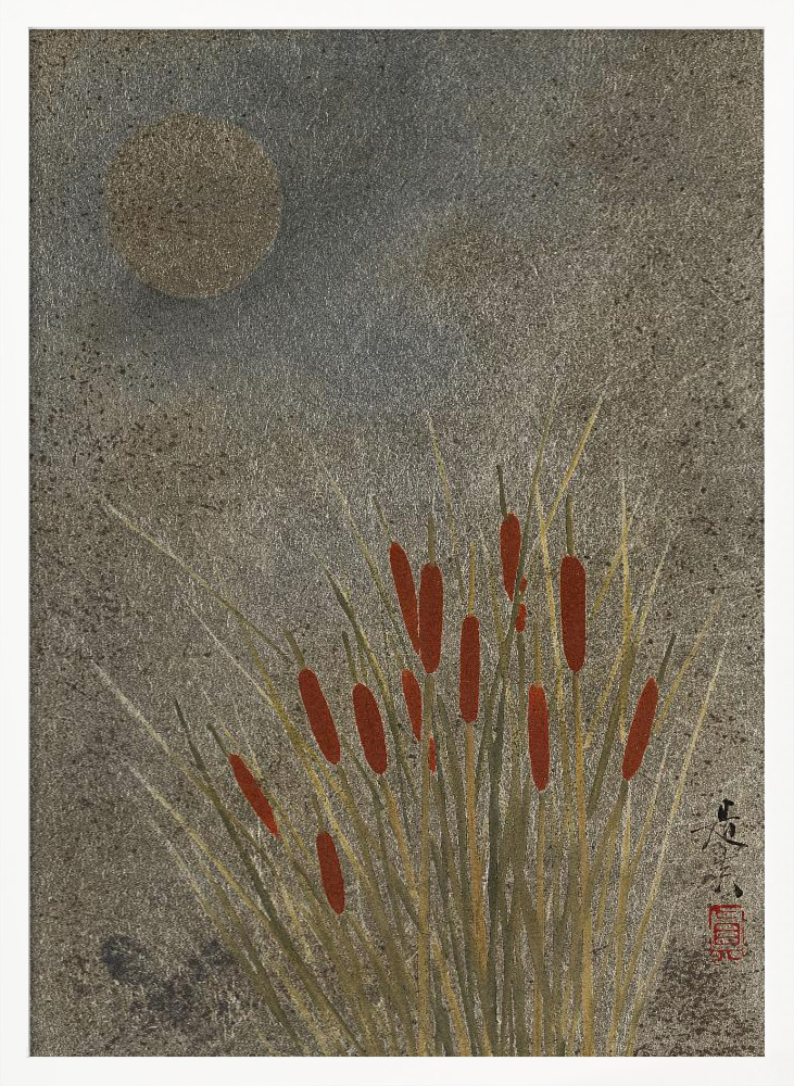 Poster - Japanese Grass Field At Night (1807–1891) Full white wood poster frame