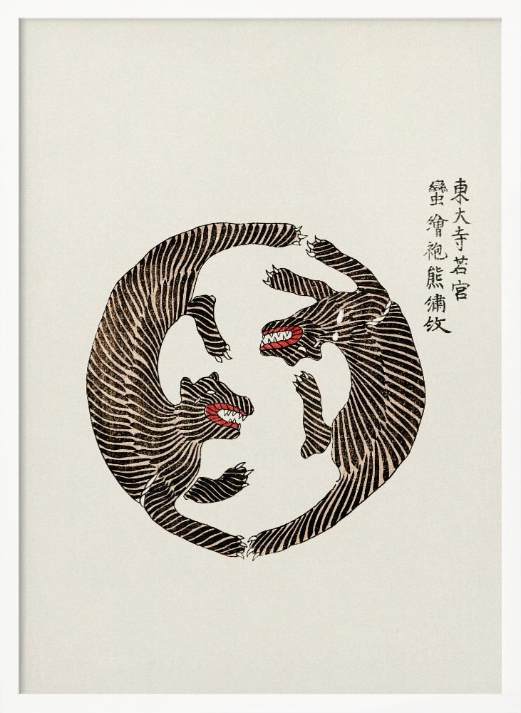 Poster - Woodblock Tigers From Yatsuo No Tsubaki white wood poster frame