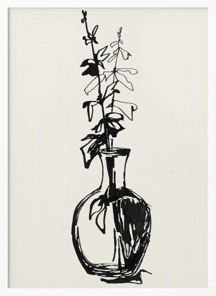 Poster - Leaves in a vase ink sketch white wood poster frame