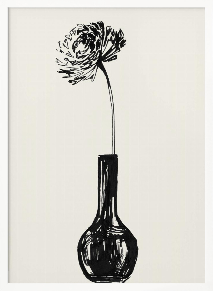Plakat - Flower in a vase ink sketch hvid plakatramme i træ
