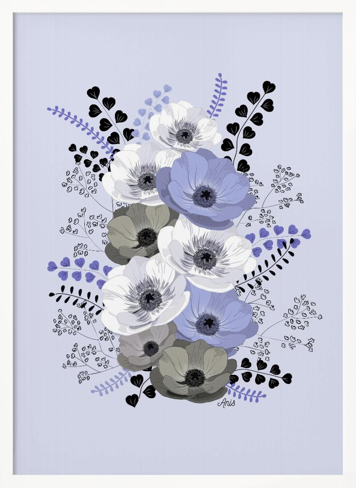 Poster - Anemones Floral Bouquet Blue white wood poster frame